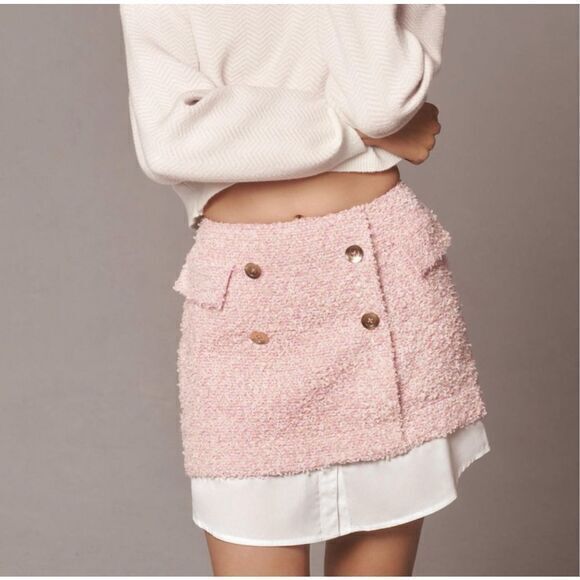NWT Anthropologie Maeve Mini Skirt 12 Pink Layered Tweed Gold Button Preppy Whit - Picture 1 of 13